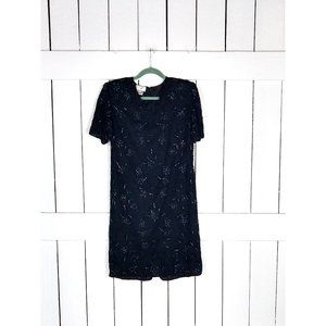 Vintage JMC black silk floral beaded short sleeve midi cocktail dress